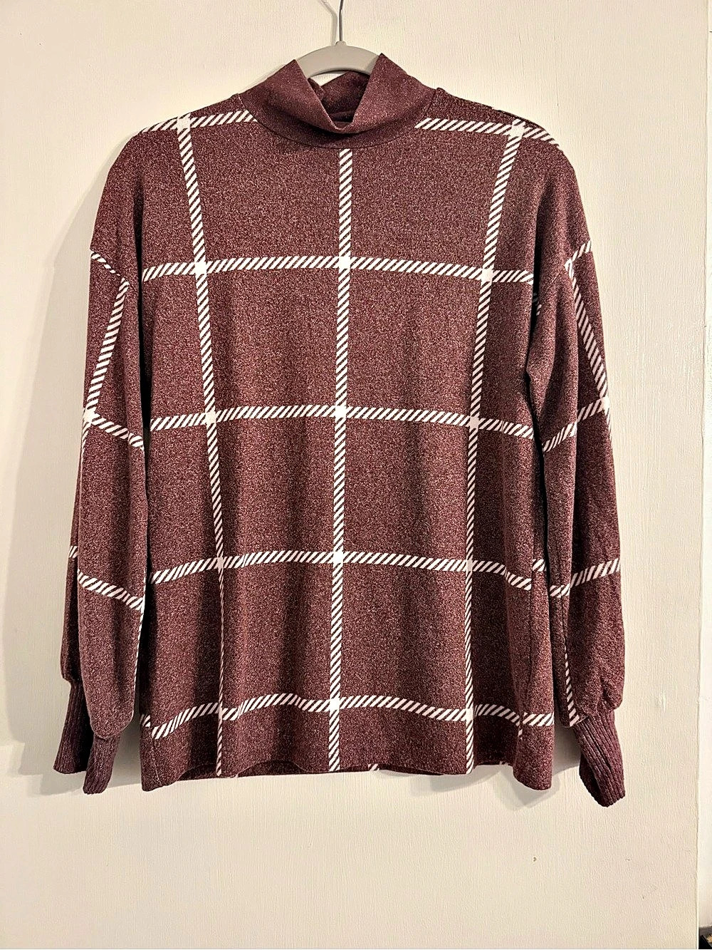 Maurices Burgundy Plaid Mock Neck Sweater Long Sleeve Top Brown & White Small